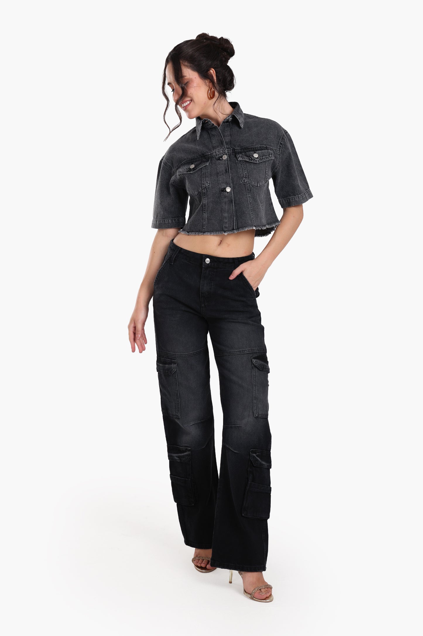 Grey Cropped Denim Shirt