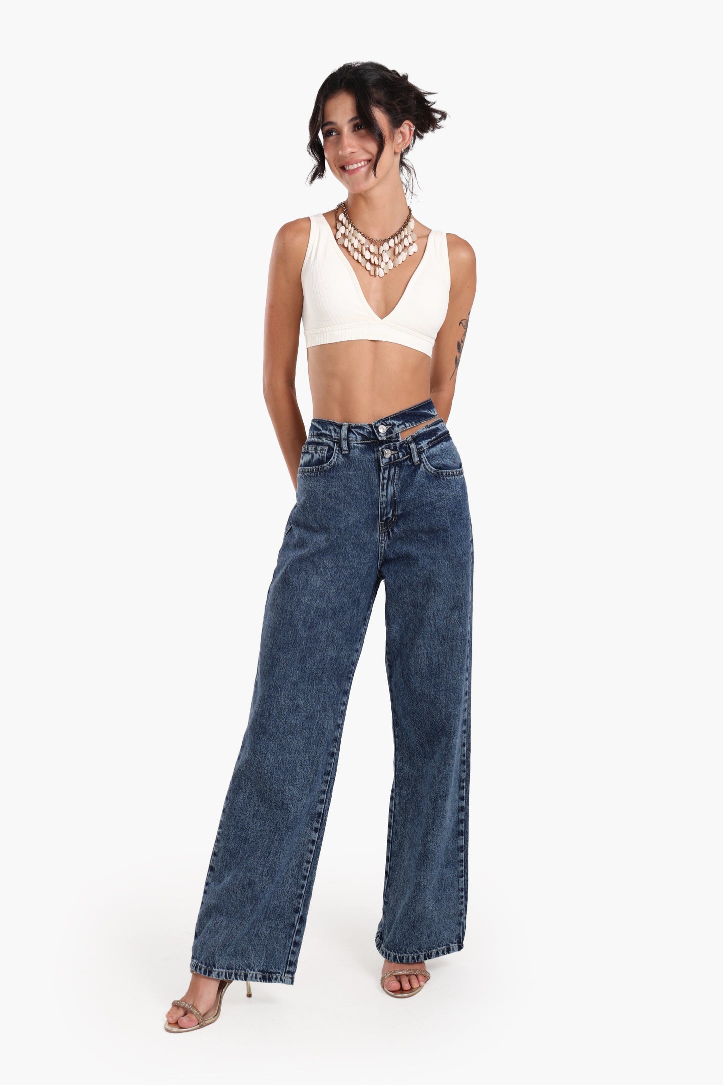 Cutout Waist Wide-Leg Jeans