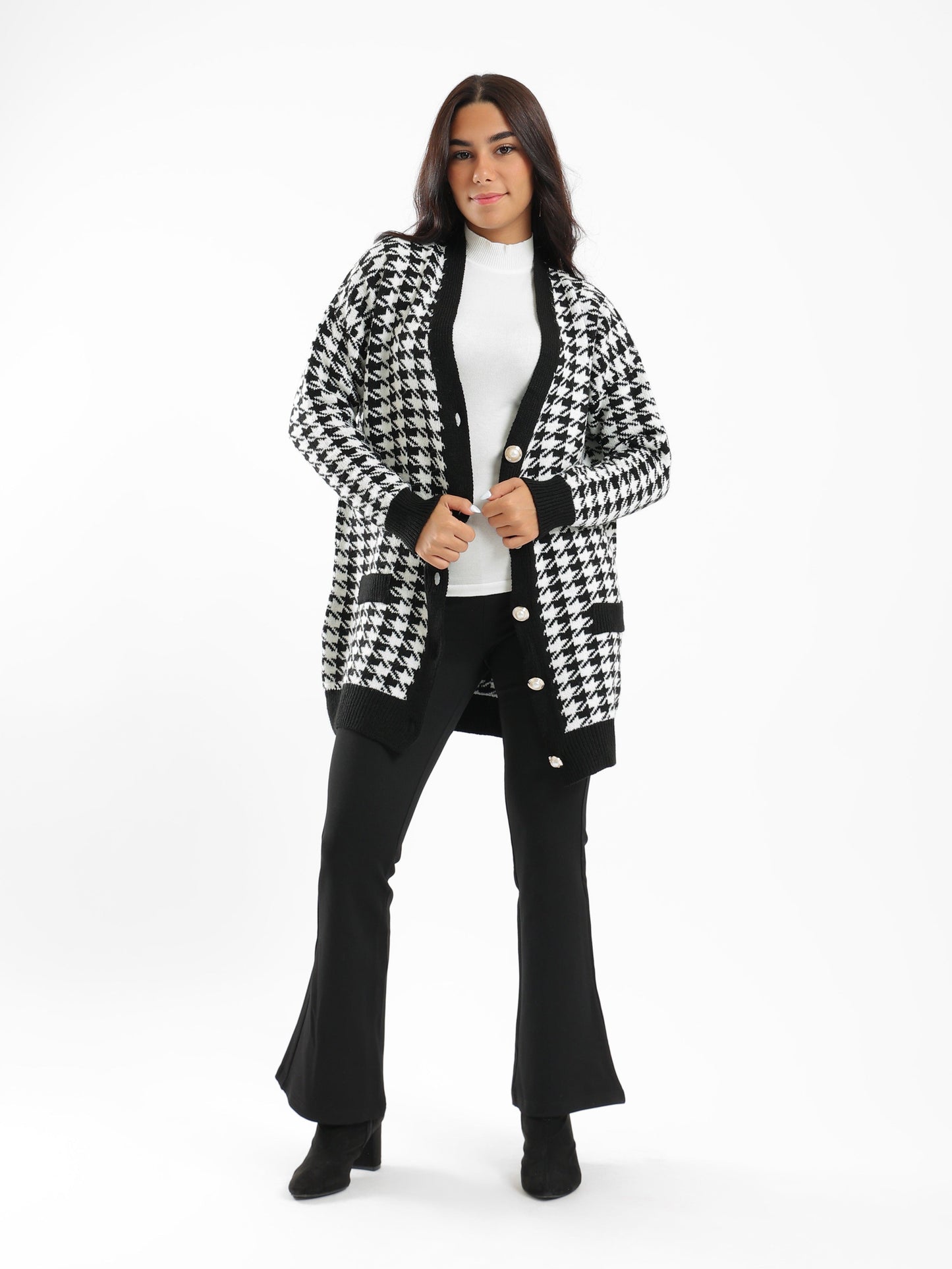Knitted Houndstooth Pattern Cardigan
