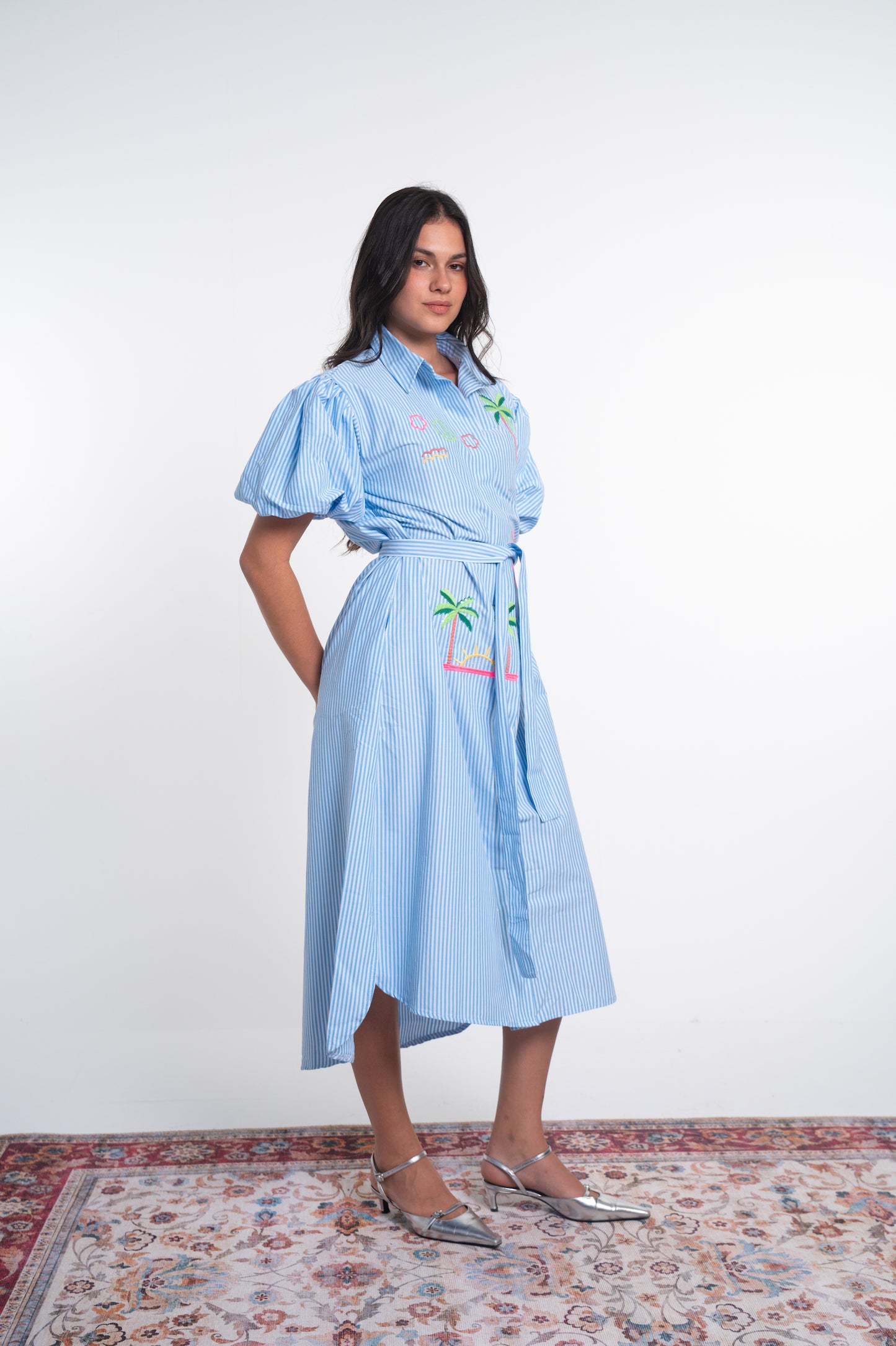 Light Blue Embroidered Cotton Blend Shirt Dress