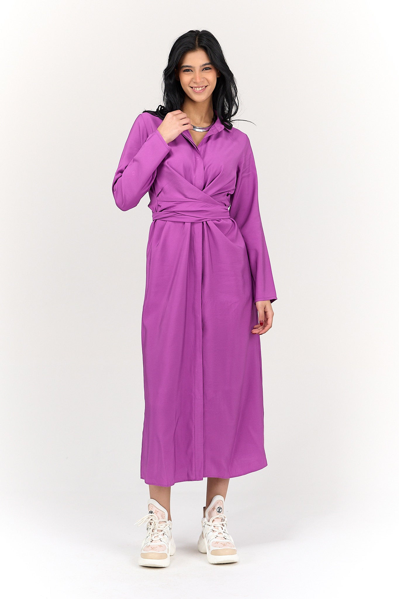 فستان بتصميم قميص مع حزام ربط