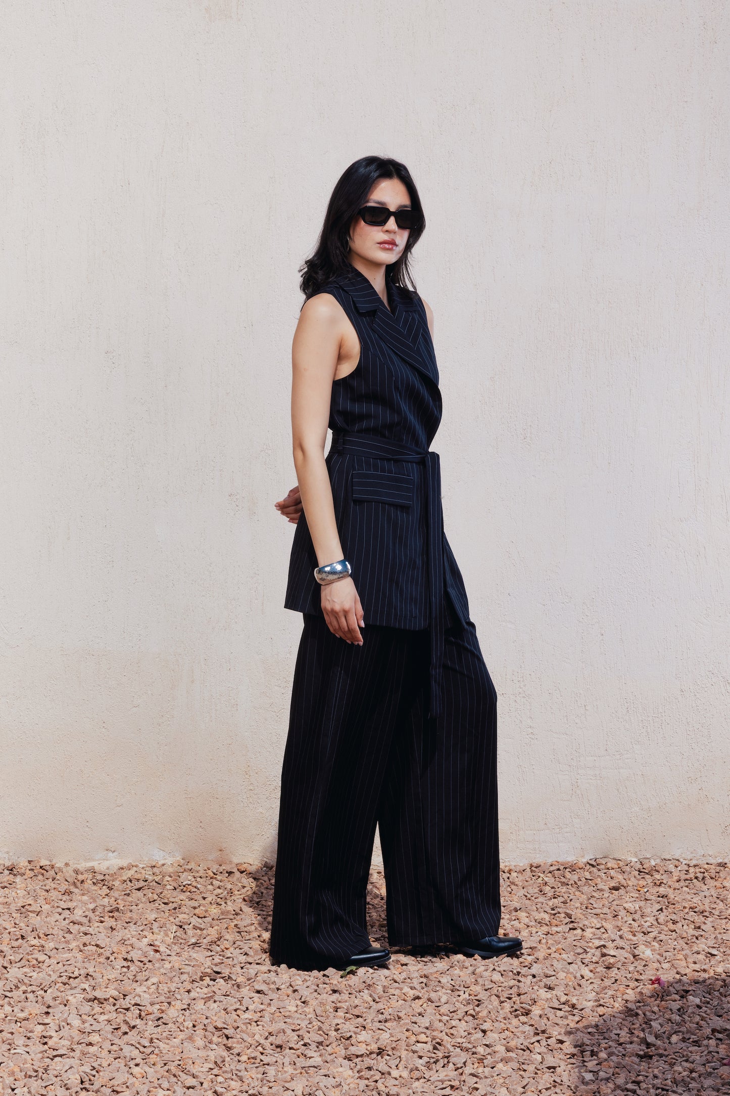 Pinstripe Wide-Leg Pants