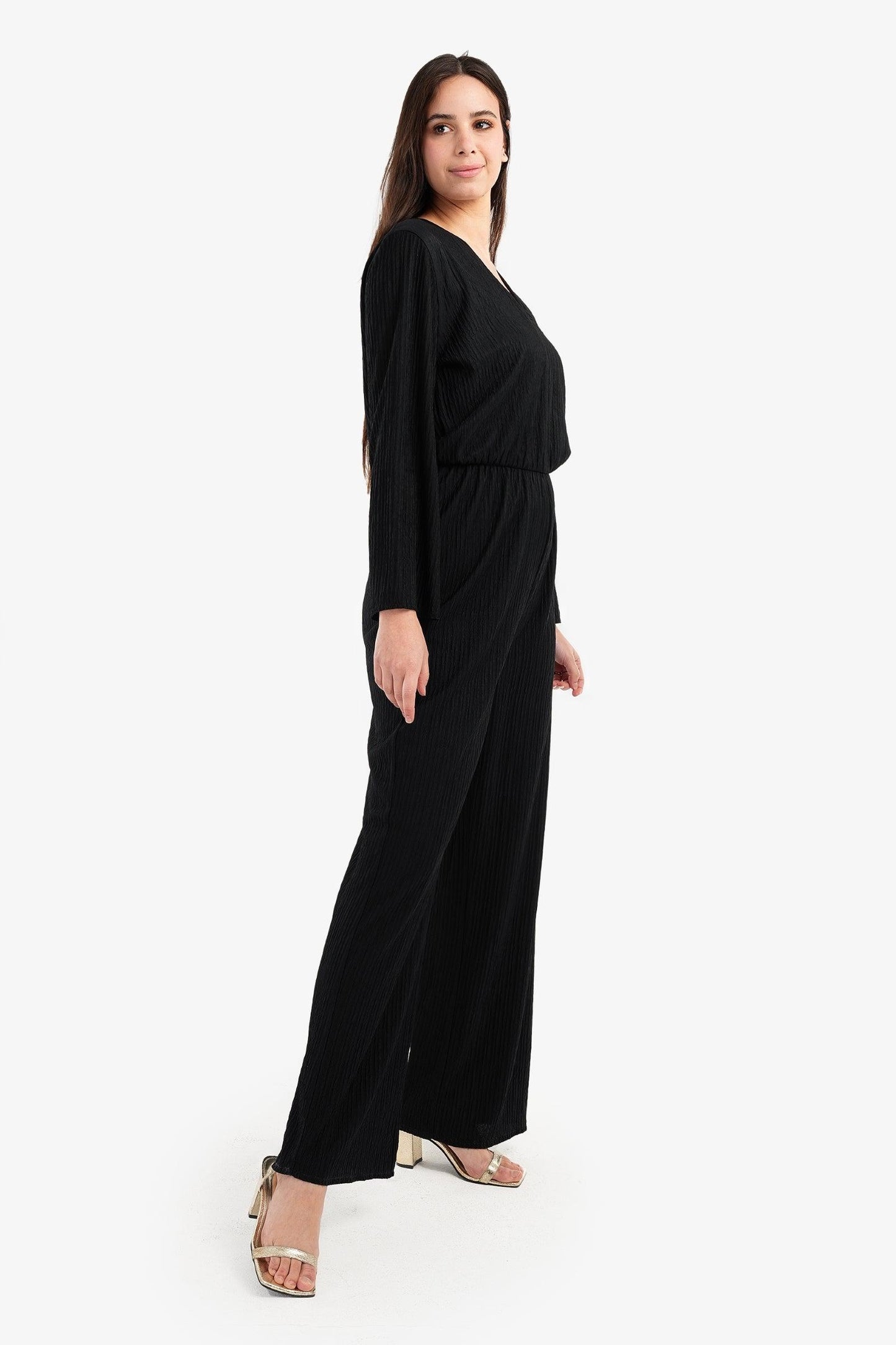 Black Pleated Satin Jumpsuit