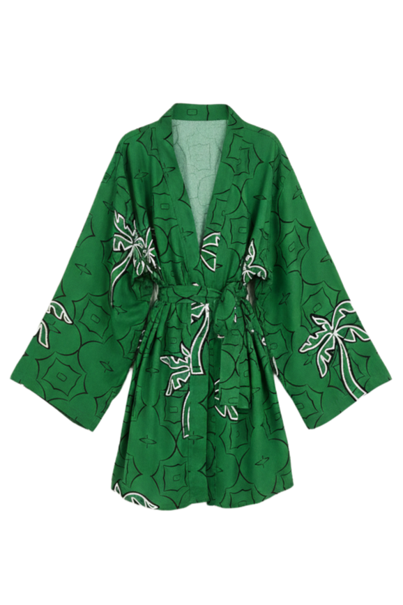 Palm Printed Green Kimono