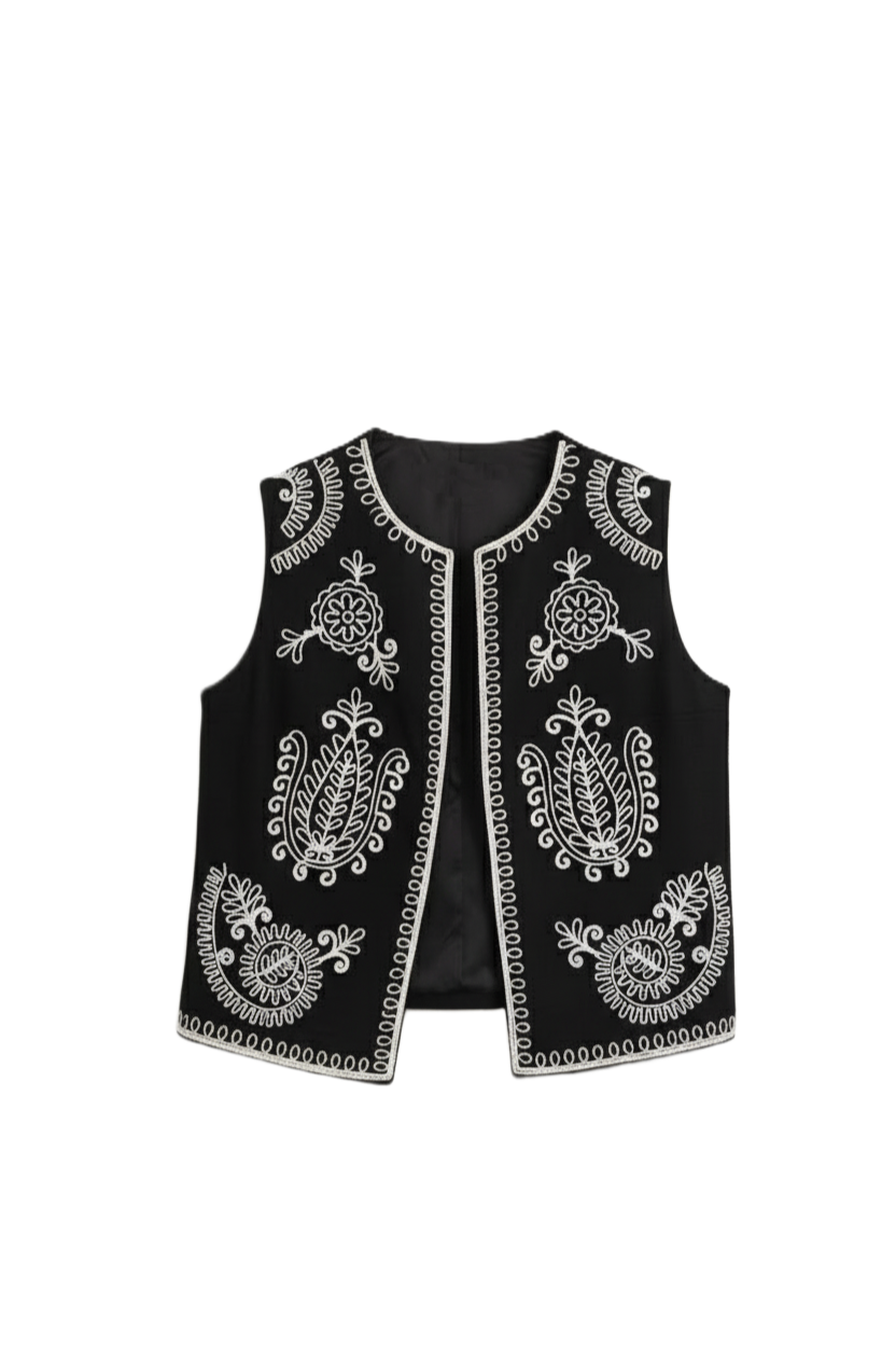 Embroidered Open Vest
