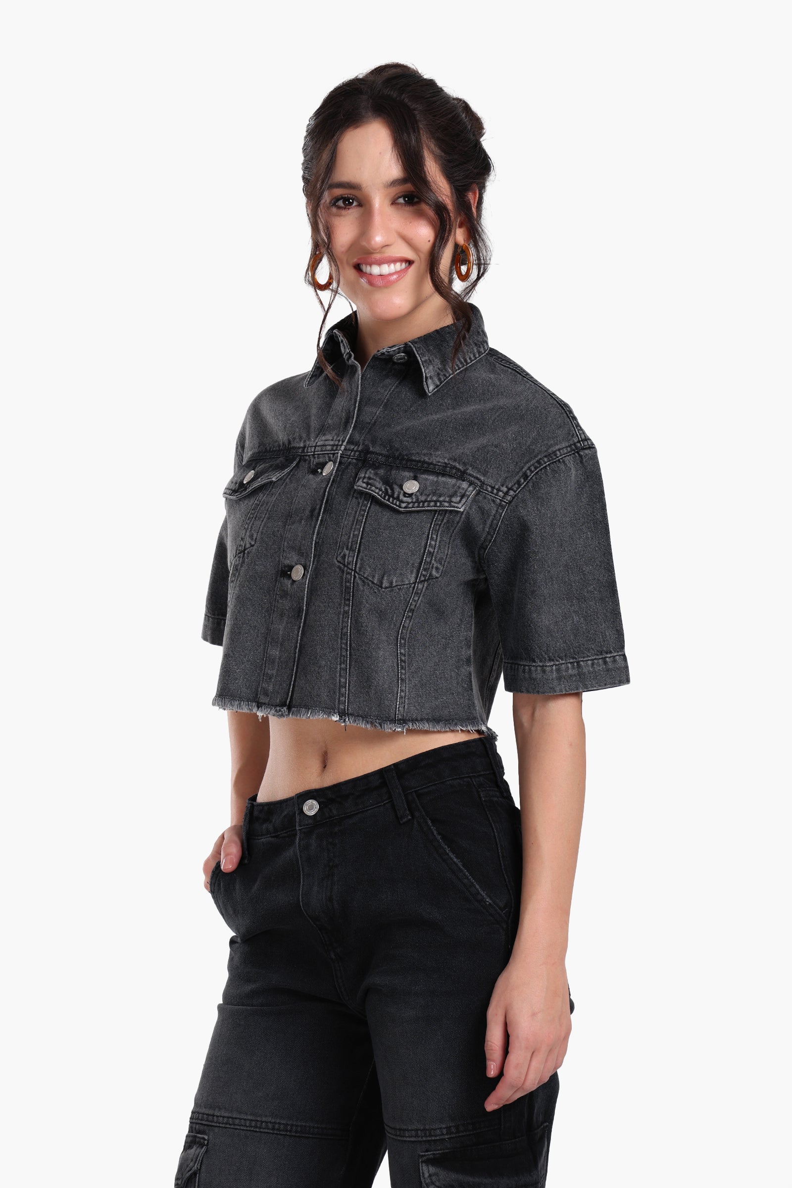 Grey Cropped Denim Shirt