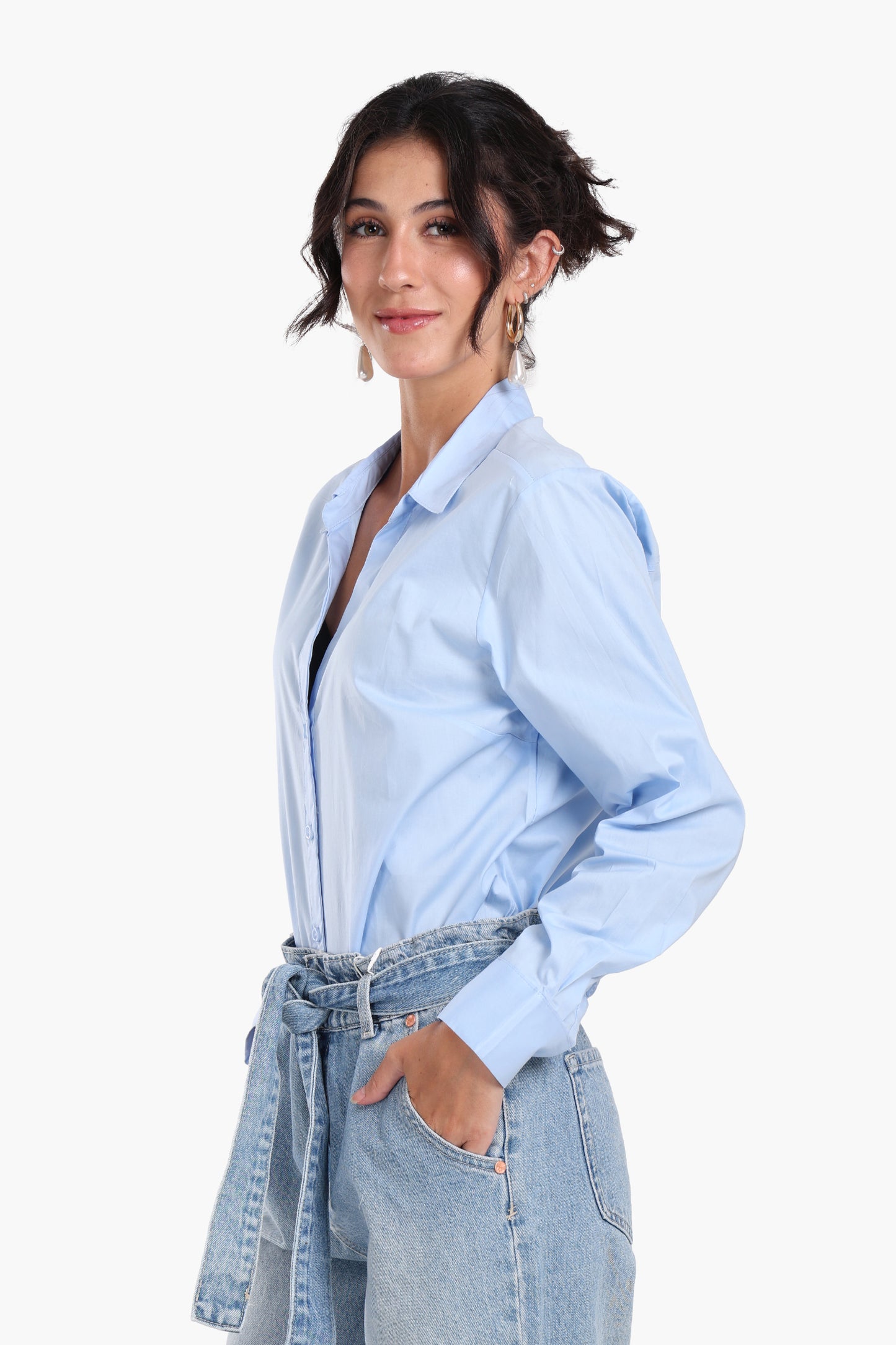 Collared V-Neck Poplin Shirt