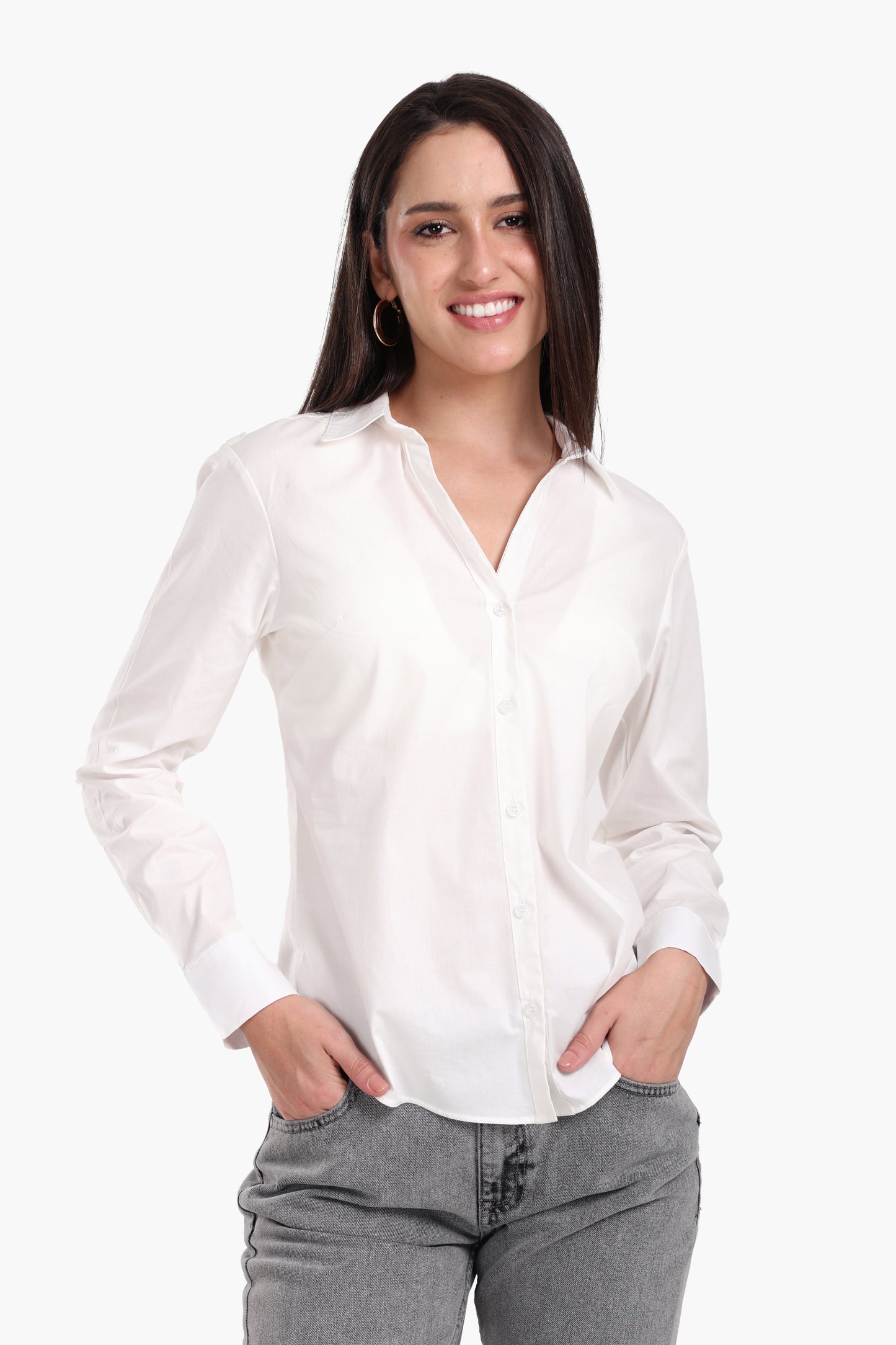 Collared V-Neck Poplin Shirt