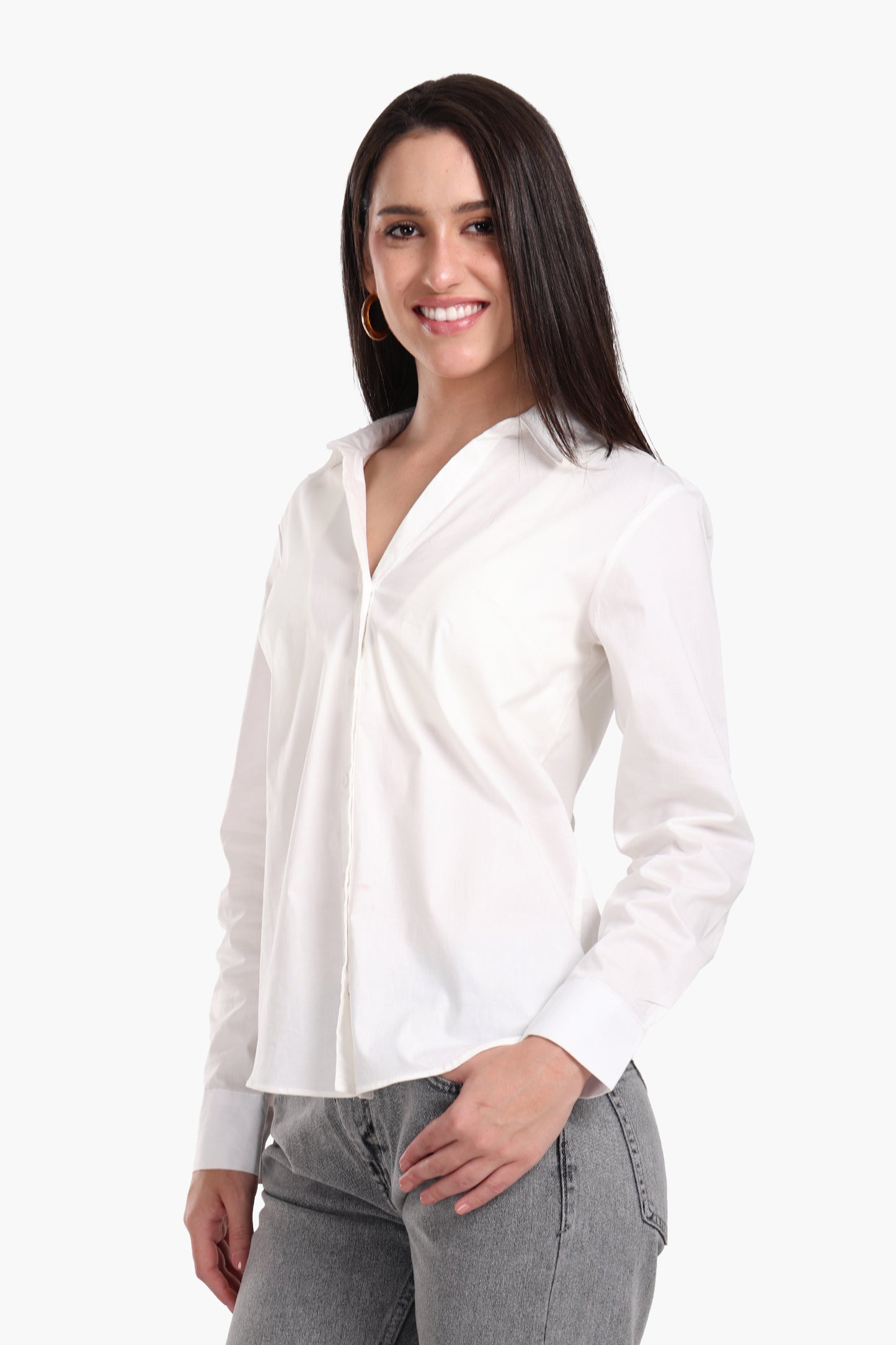 Collared V-Neck Poplin Shirt