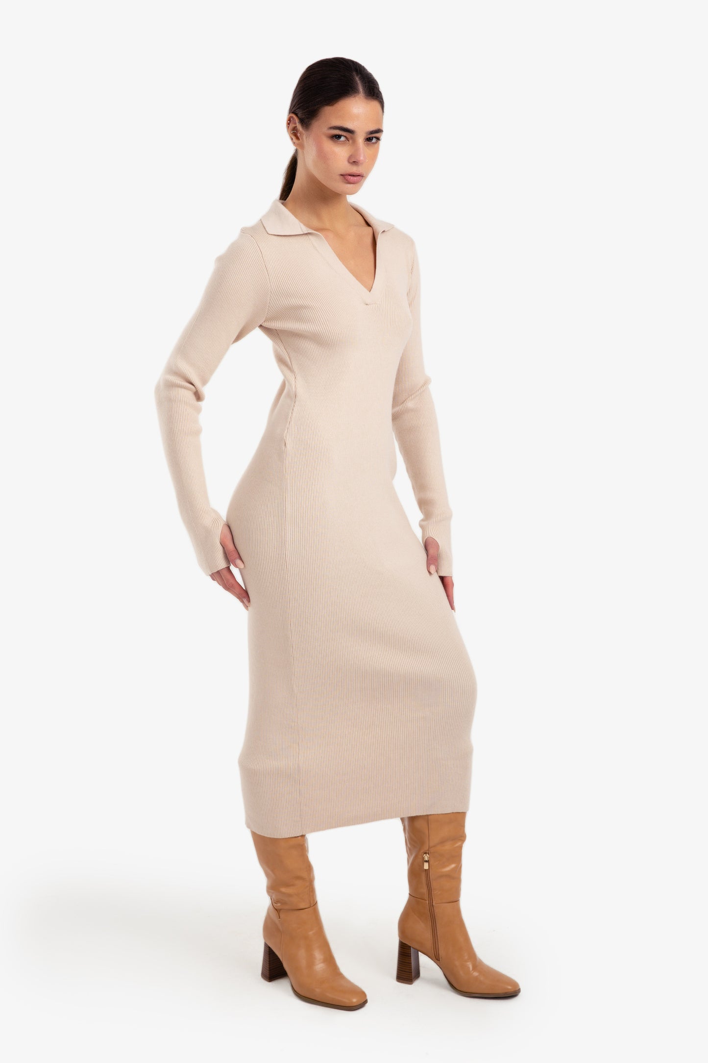 V-Neck Ribbed Dress