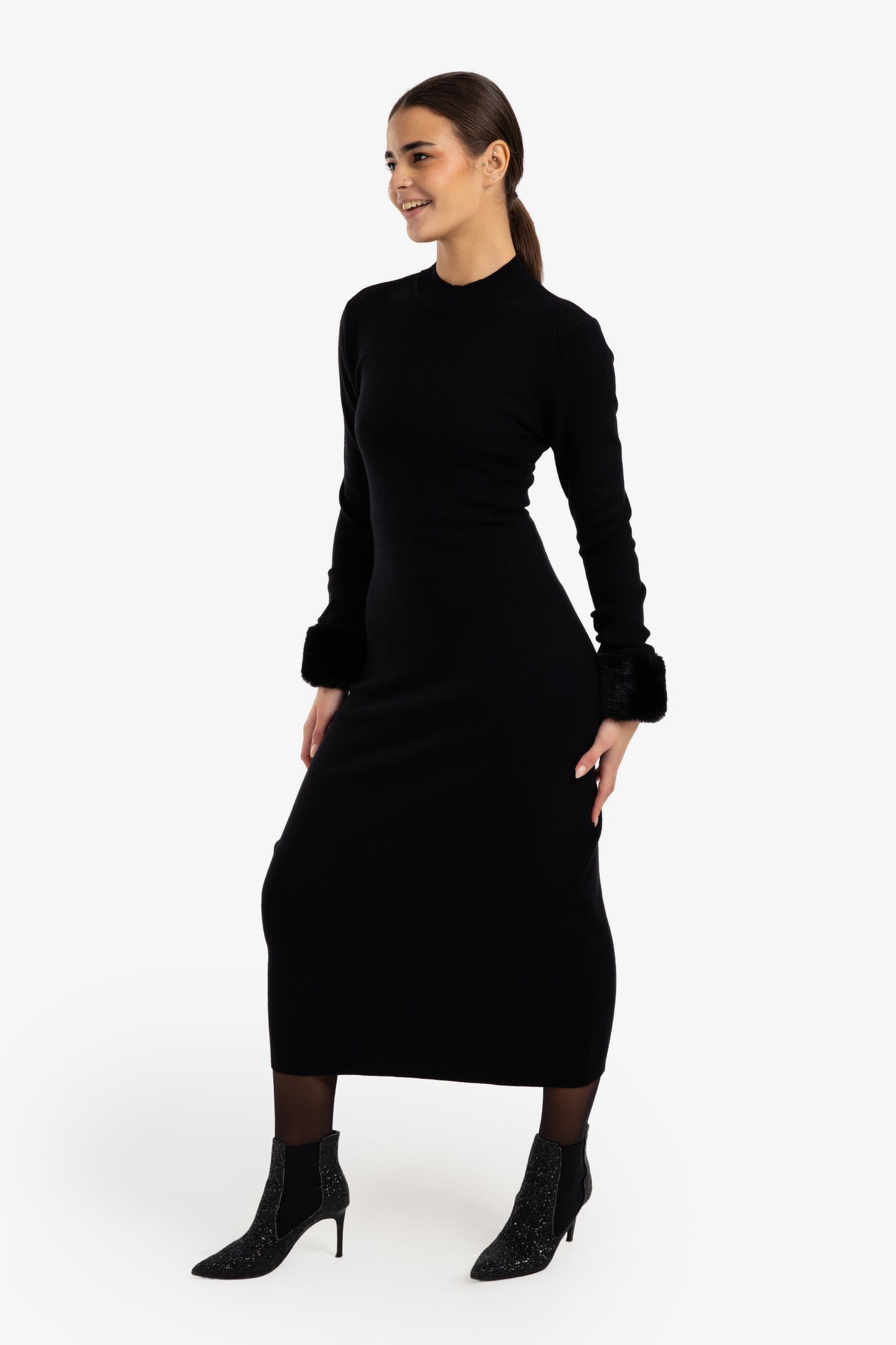 Fur Cuff Midi Dress