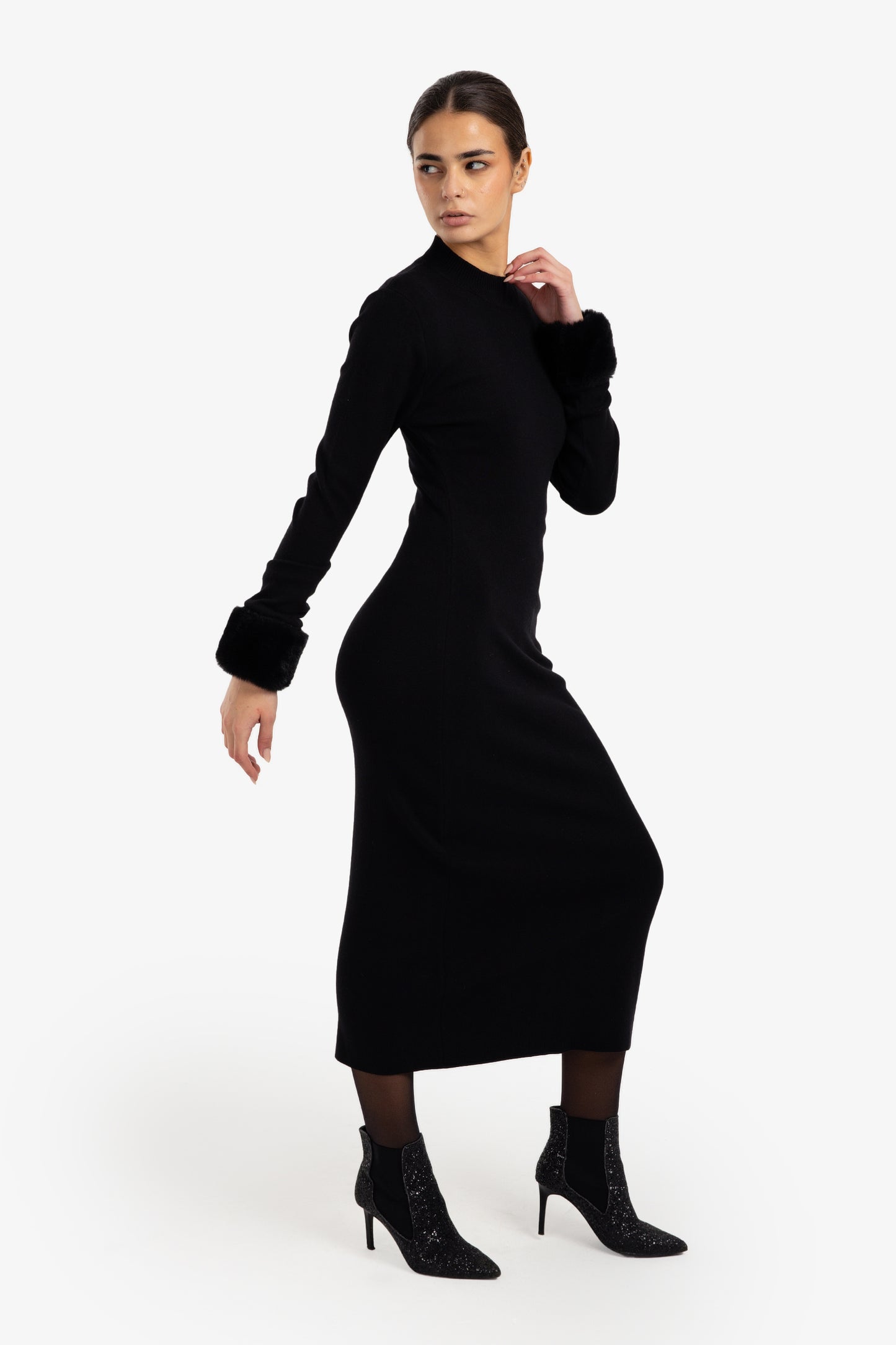 Fur Cuff Midi Dress