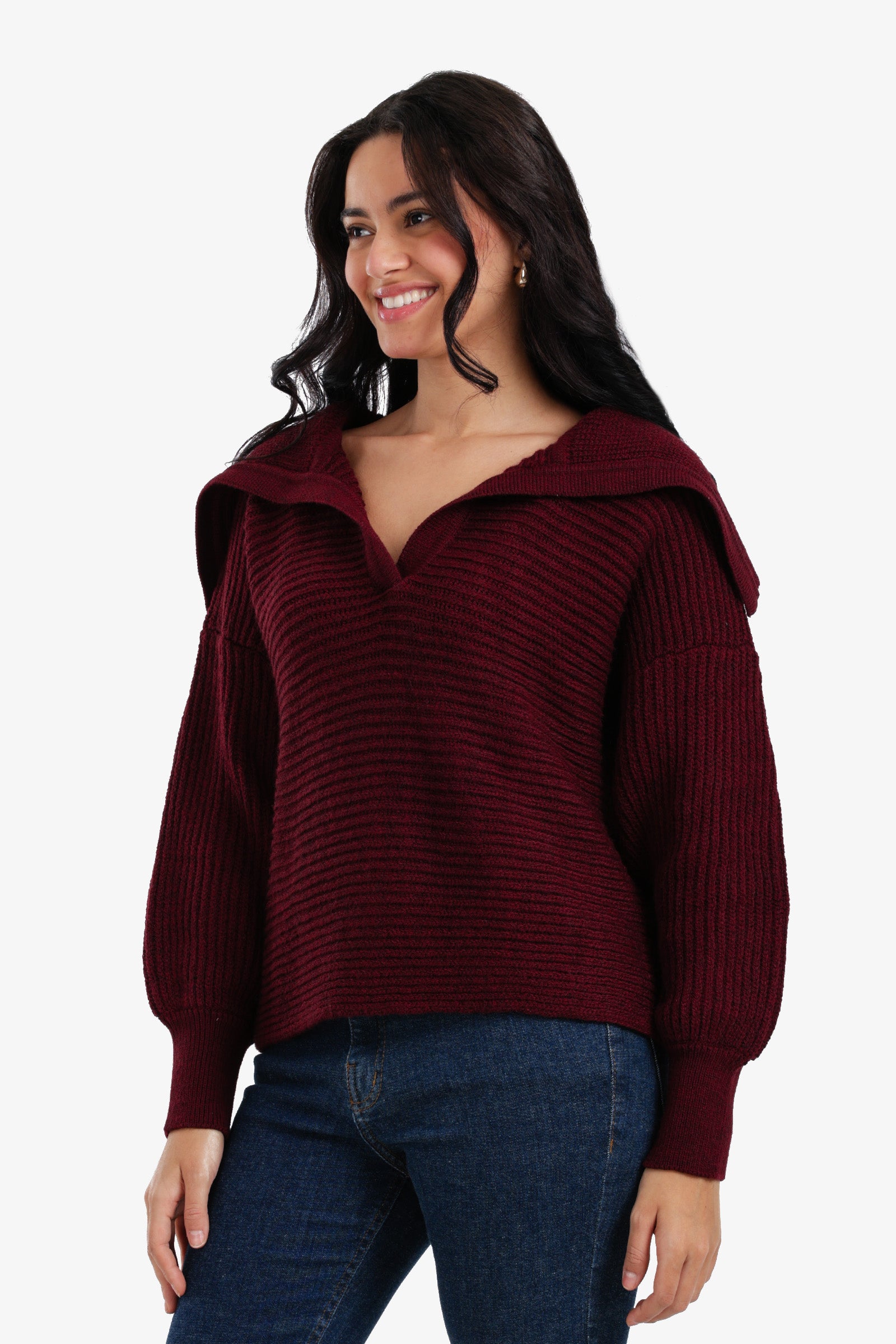 Puff-Sleeve Ribbed Pullover