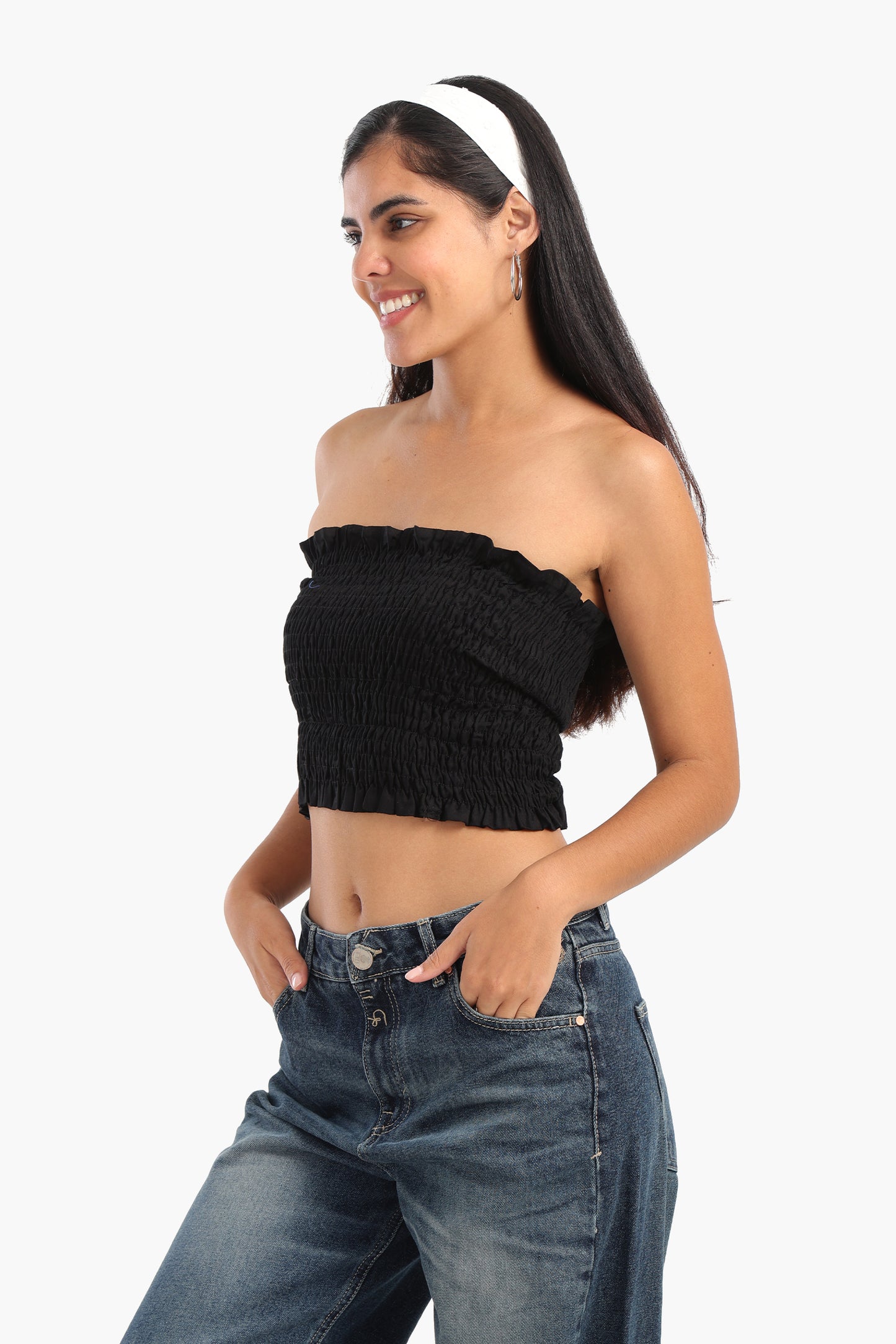 Textured Strapless Top with Frills