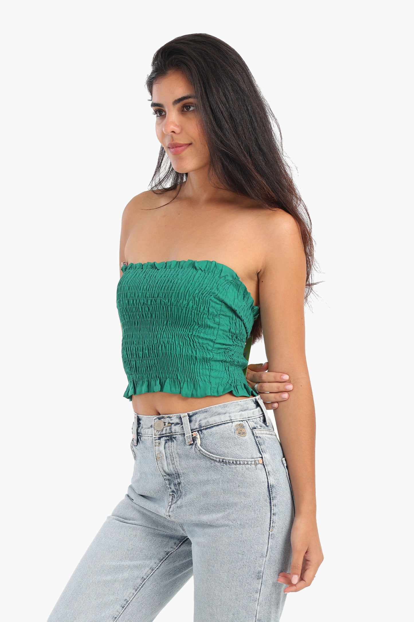 Textured Strapless Top with Frills