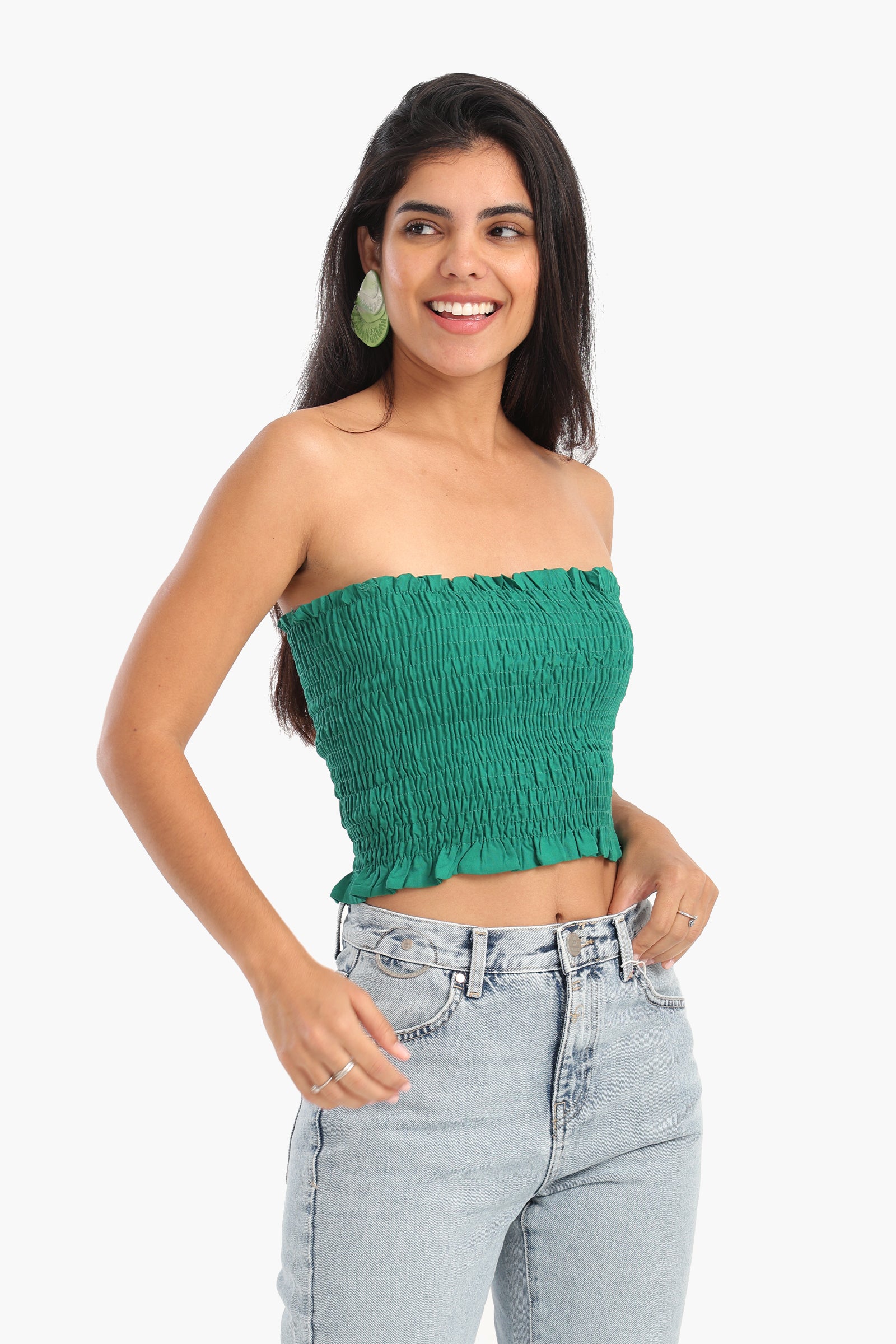 Textured Strapless Top with Frills