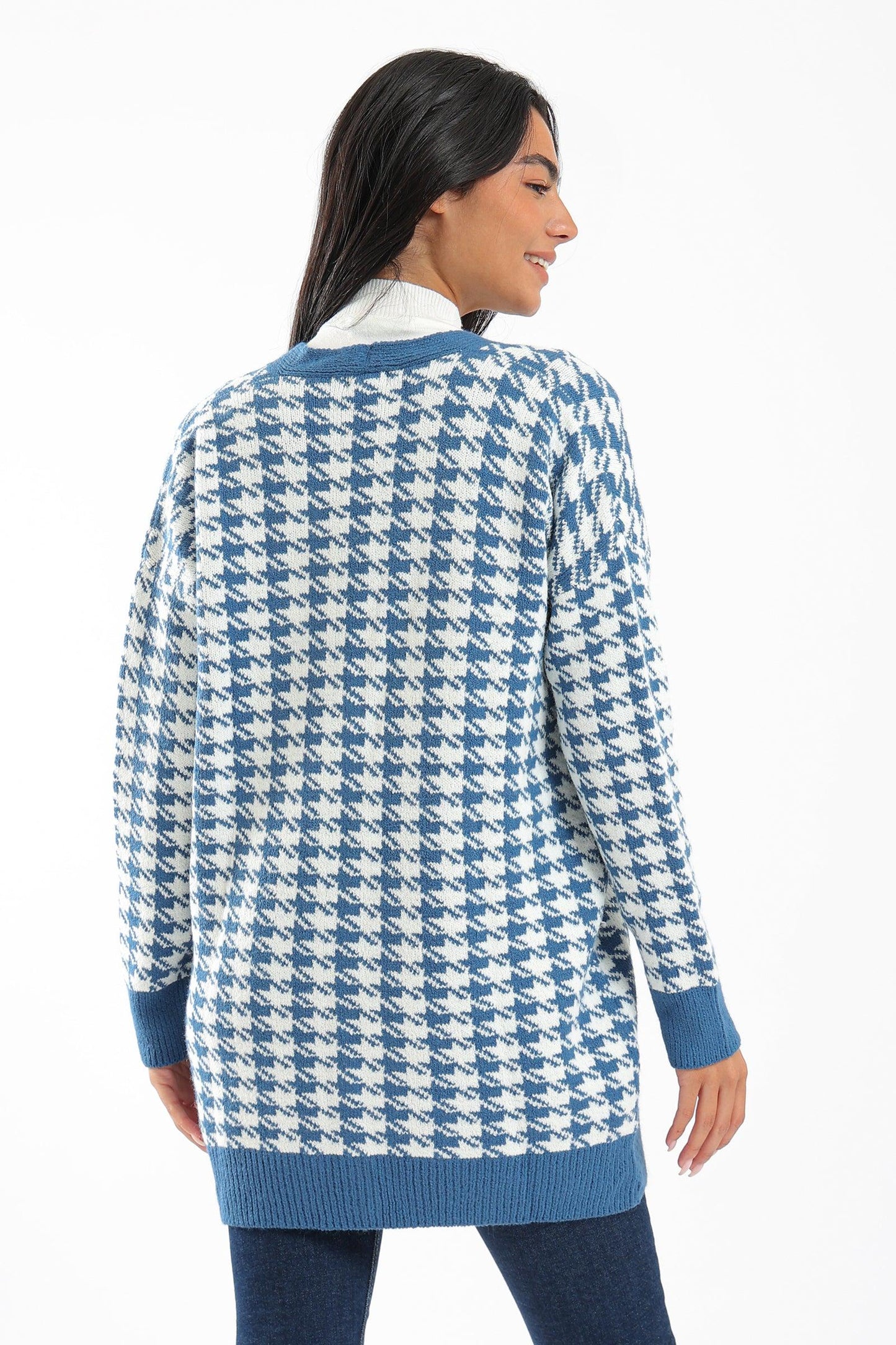 Knitted Houndstooth Pattern Cardigan