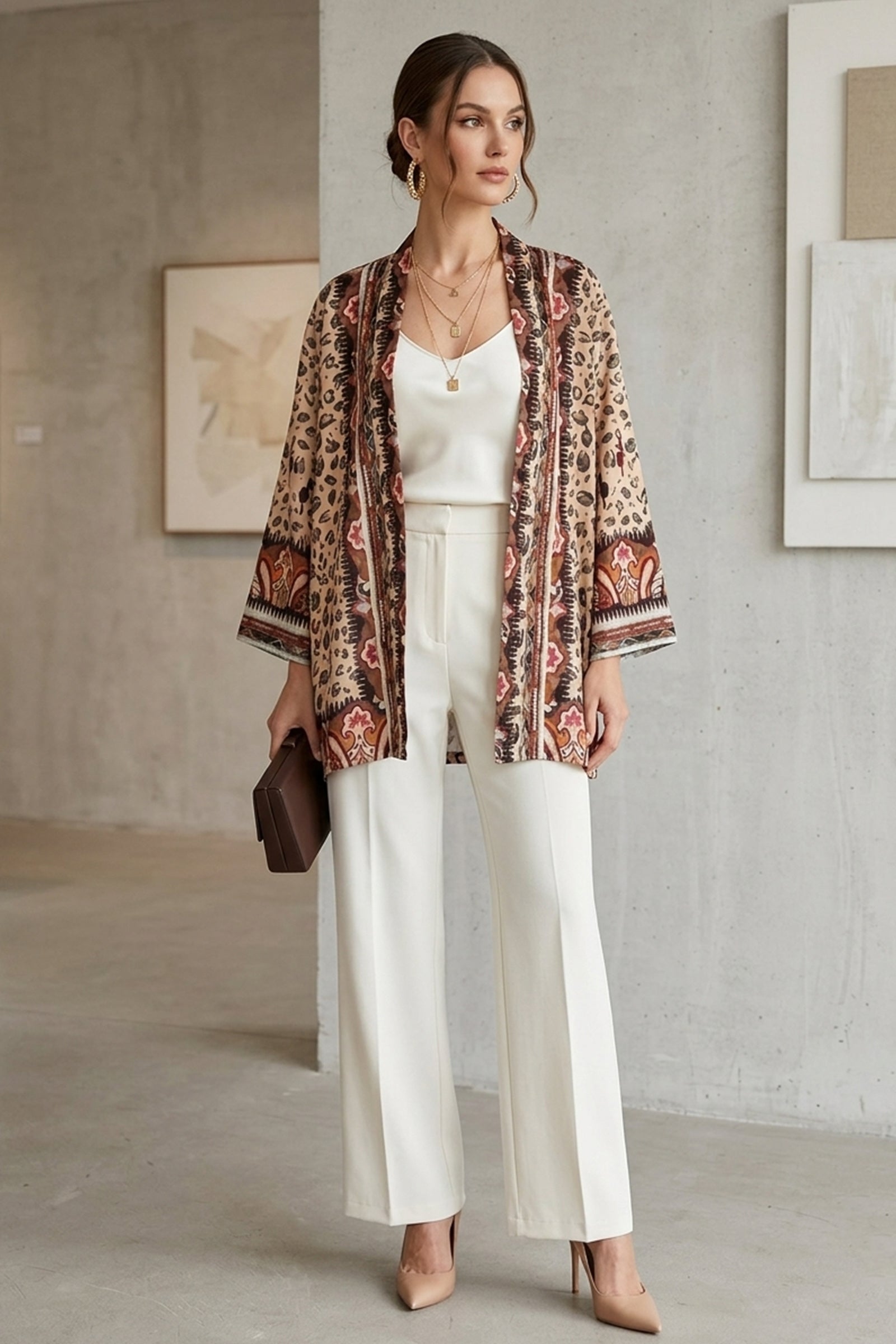 كيمونو مطبوع بنقوش متنوعة