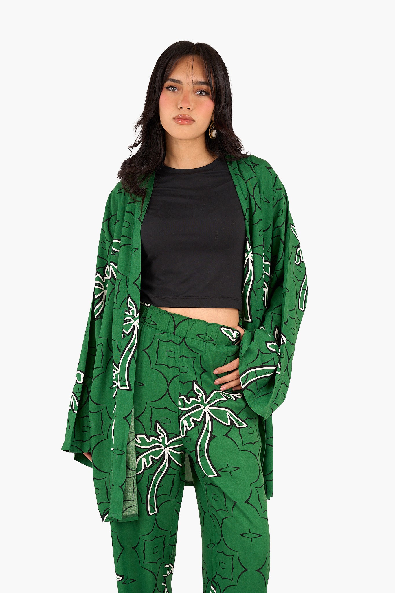 Palm Printed Green Kimono