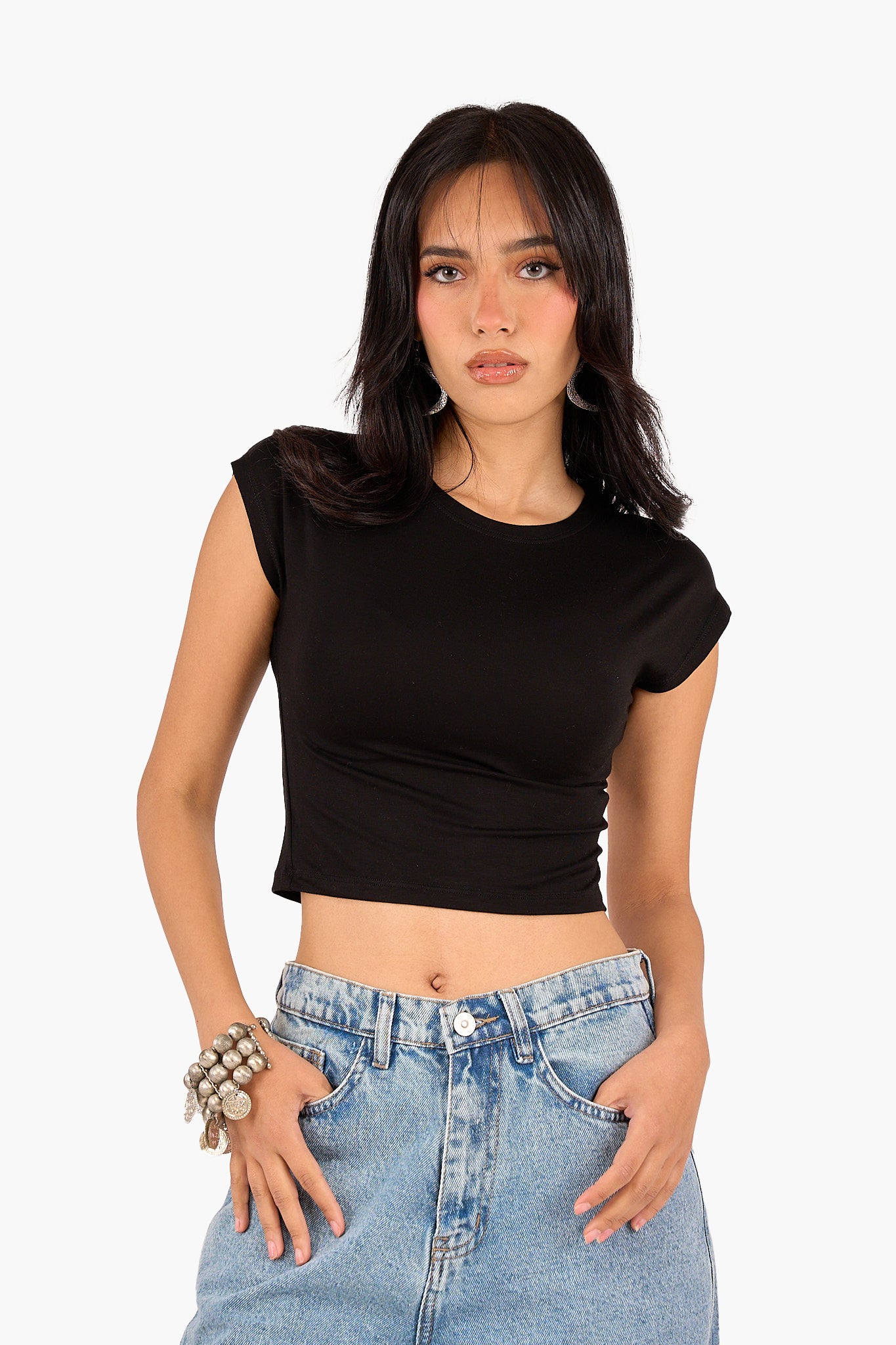 Cropped Crew Neck Viscose Top