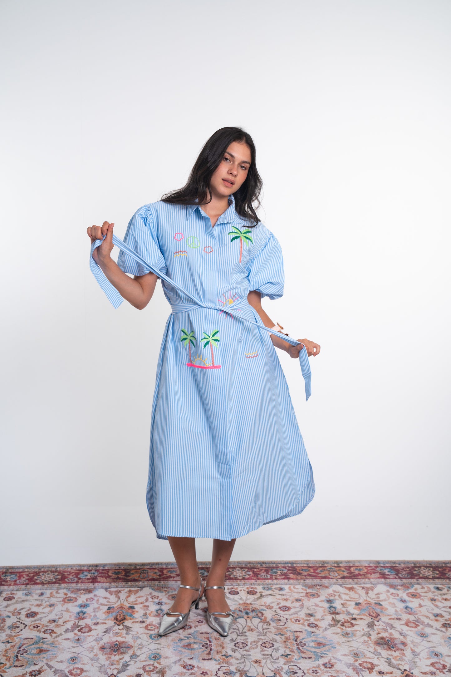 Light Blue Embroidered Cotton Blend Shirt Dress