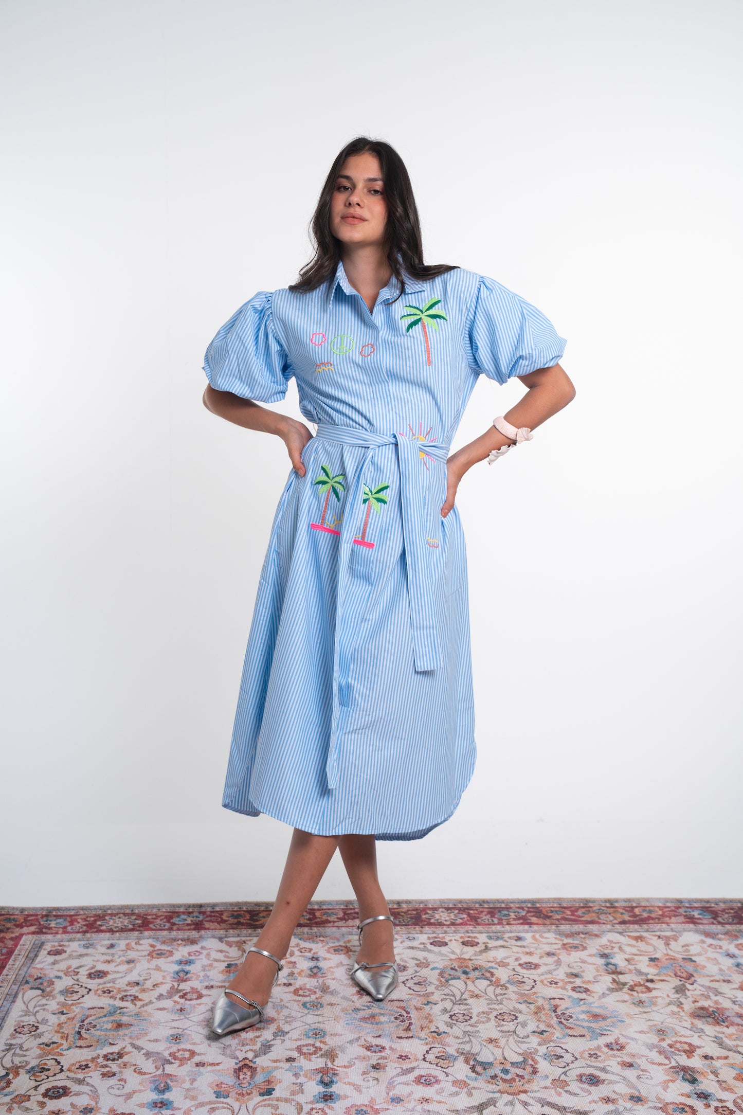 Light Blue Embroidered Cotton Blend Shirt Dress
