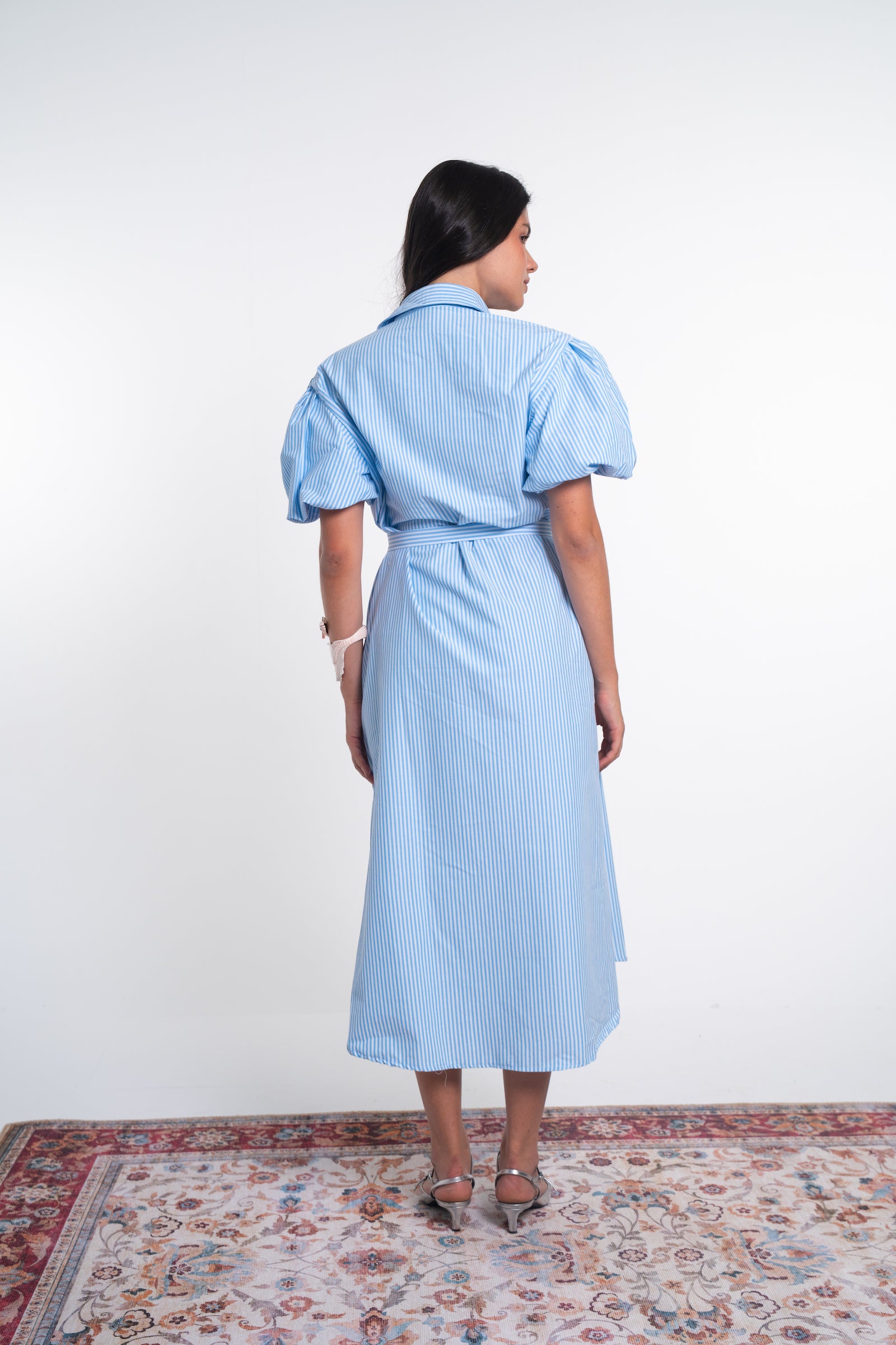 Light Blue Embroidered Cotton Blend Shirt Dress