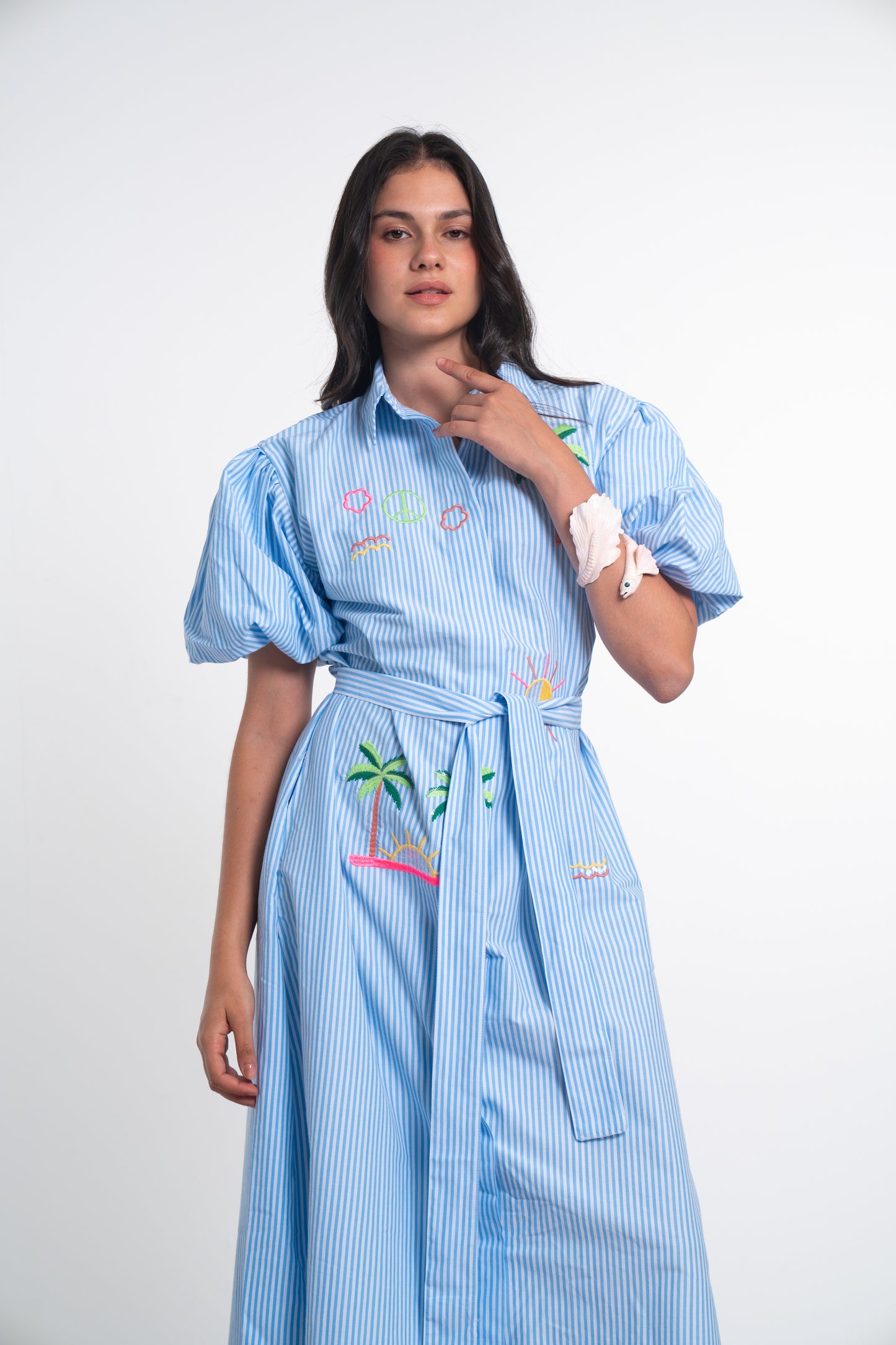 Light Blue Embroidered Cotton Blend Shirt Dress