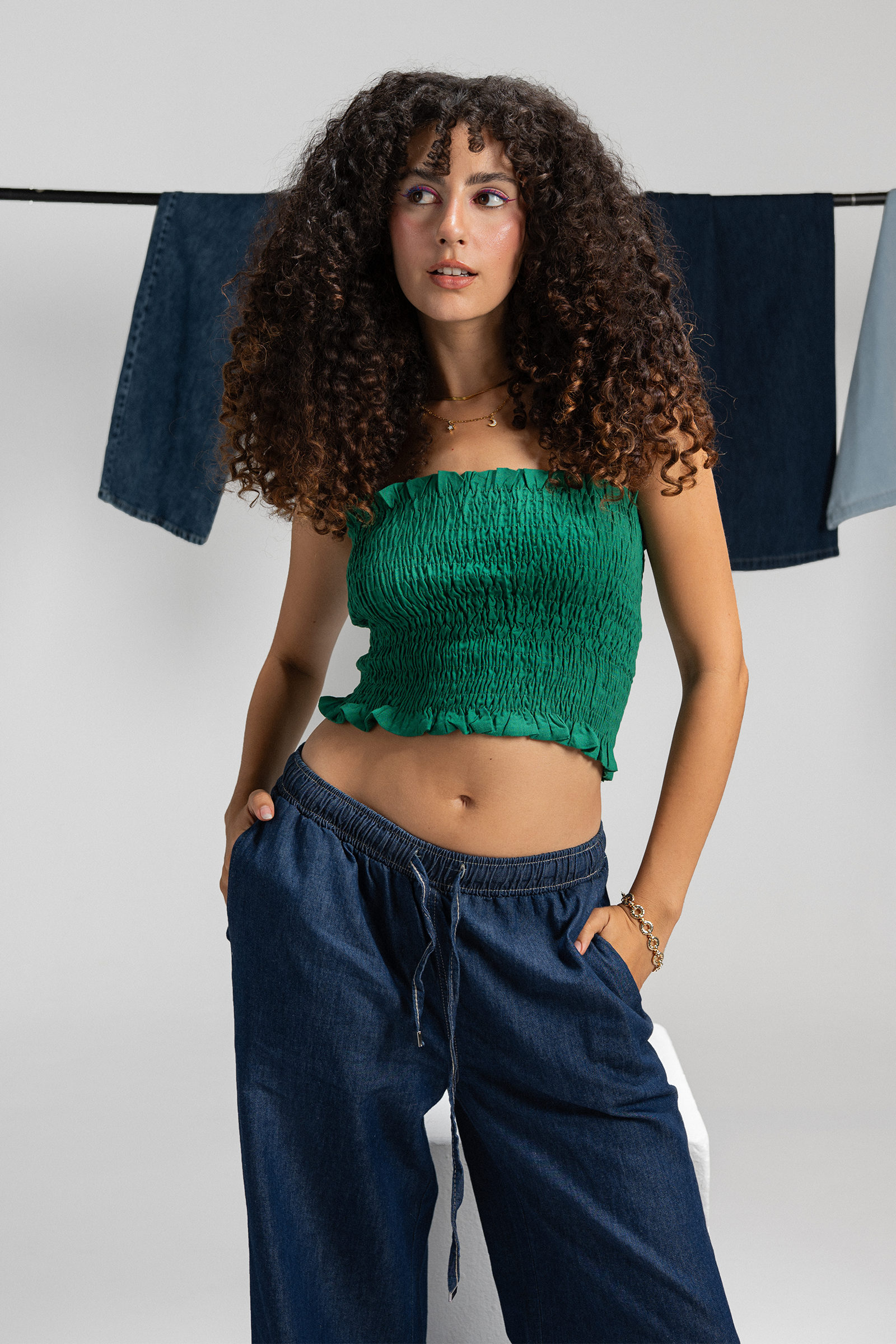 Textured Strapless Top with Frills