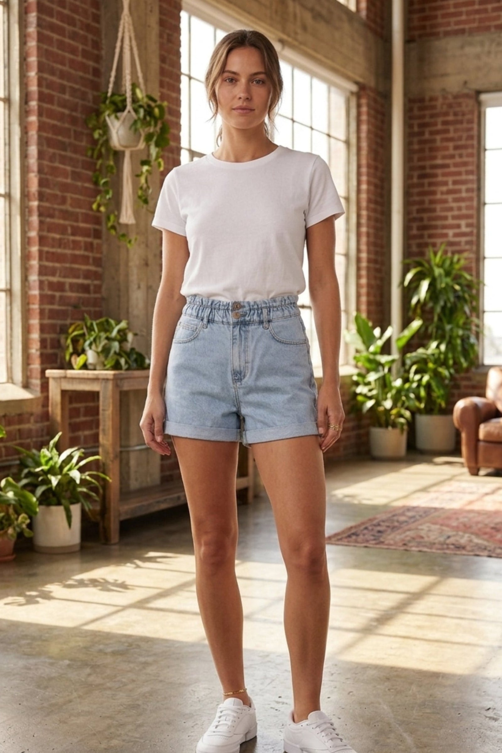 Double-Button Denim Shorts
