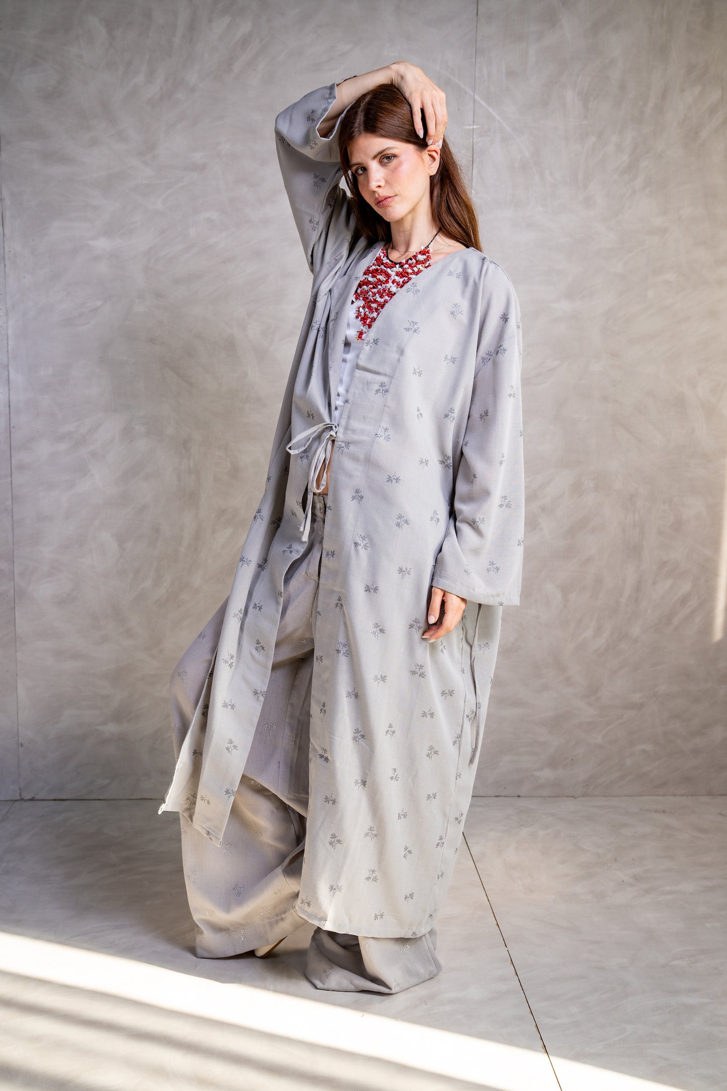Embroidered belted Kimono